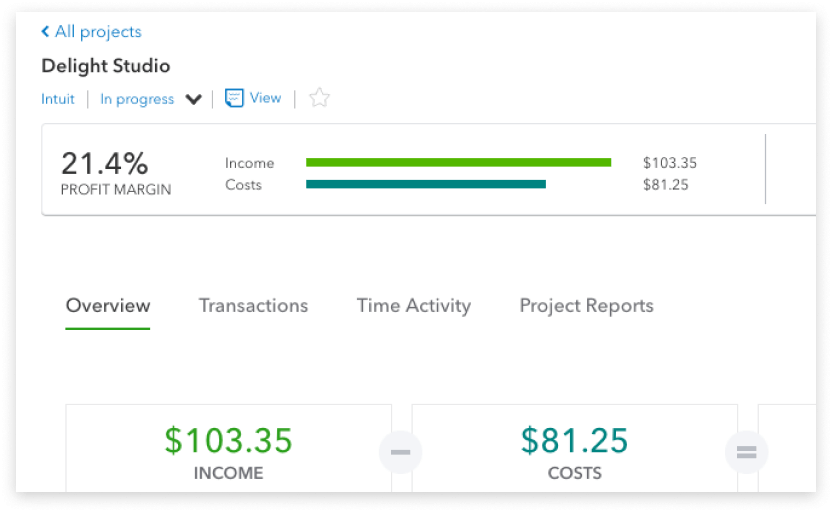 QuickBooks Online screen showing project profit margin, above income and costs