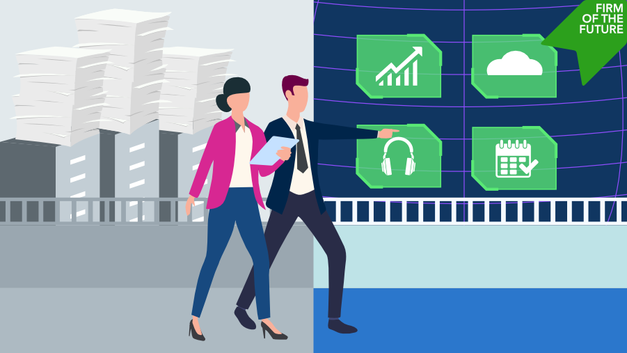 Two professionals walk past paper stacks toward digital icons representing modern accounting tools like cloud, charts, and calendars. “Firm of the Future” banner in corner.

