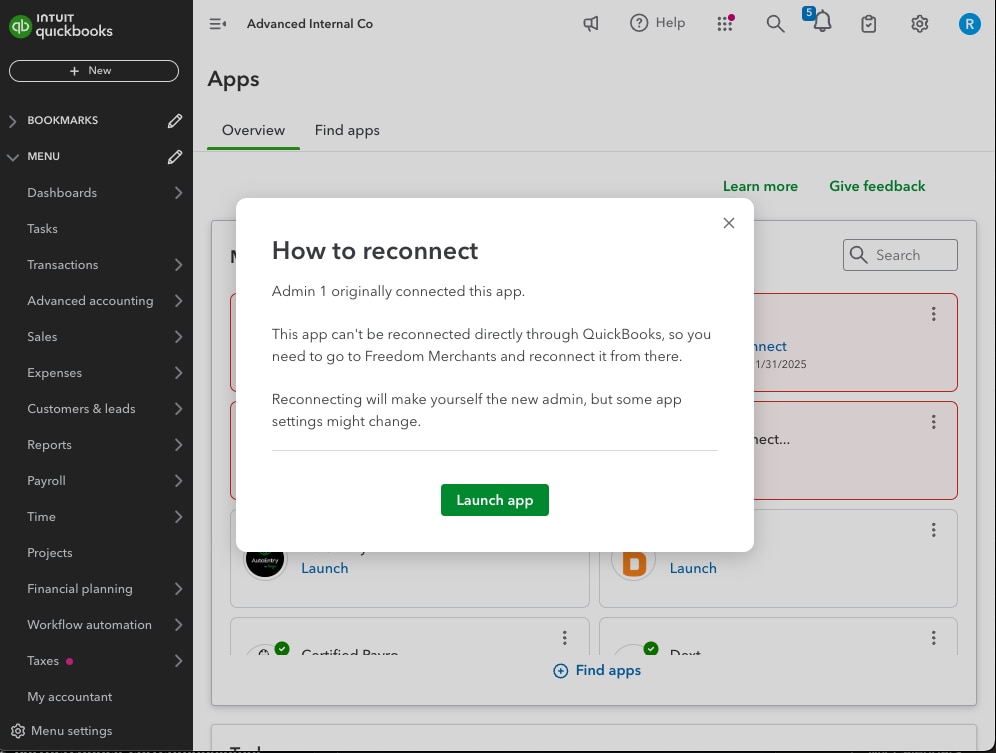 A screen shot of 3P apps in QuickBooks.