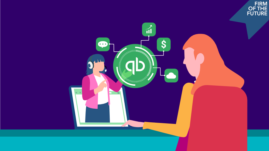Person engages with QuickBooks help via laptop, connected to icons for chat, cloud, money, and analytics.


