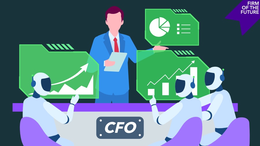 CFO leads a strategy session with AI robots, analyzing growth charts and data dashboards. “Firm of the Future” logo in top right.

