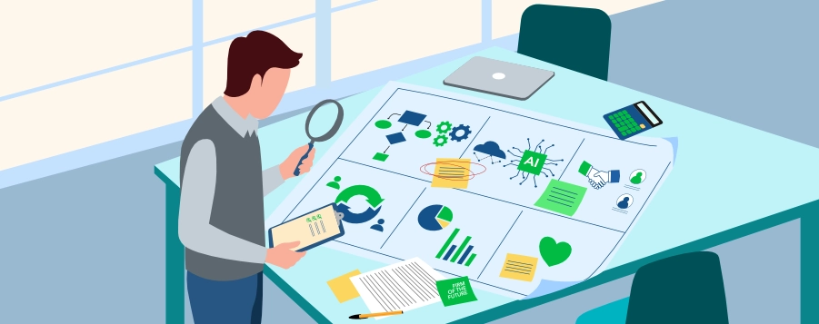 Illustration of an accountant using a magnifying glass to evaluate a large business assessment chart featuring icons for AI, automation, workflows, data analytics, client management, and a Firm of the Future document