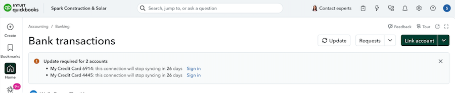 QuickBooks online dashboard showing bank transactions