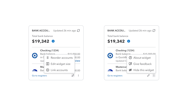 An example of resizable widgets available on the QuickBooks Online home page