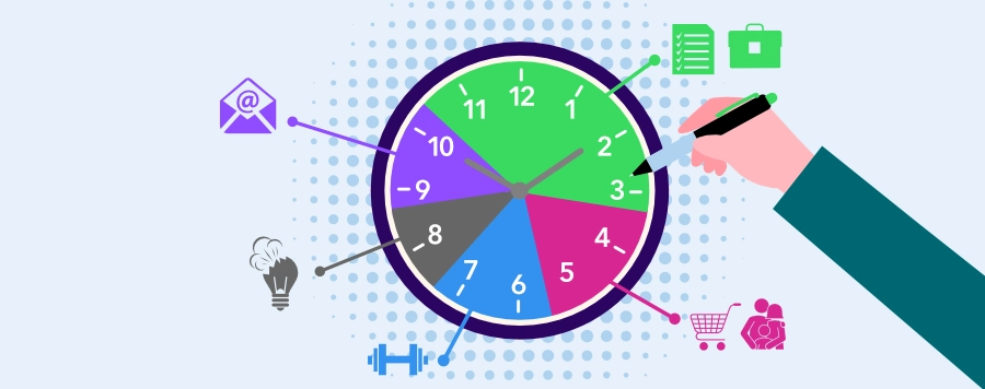Illustration of a color-coded clock face divided into time blocks for work tasks, email, exercise, errands, family time, and creative thinking, with a hand annotating the schedule and surrounding productivity icons