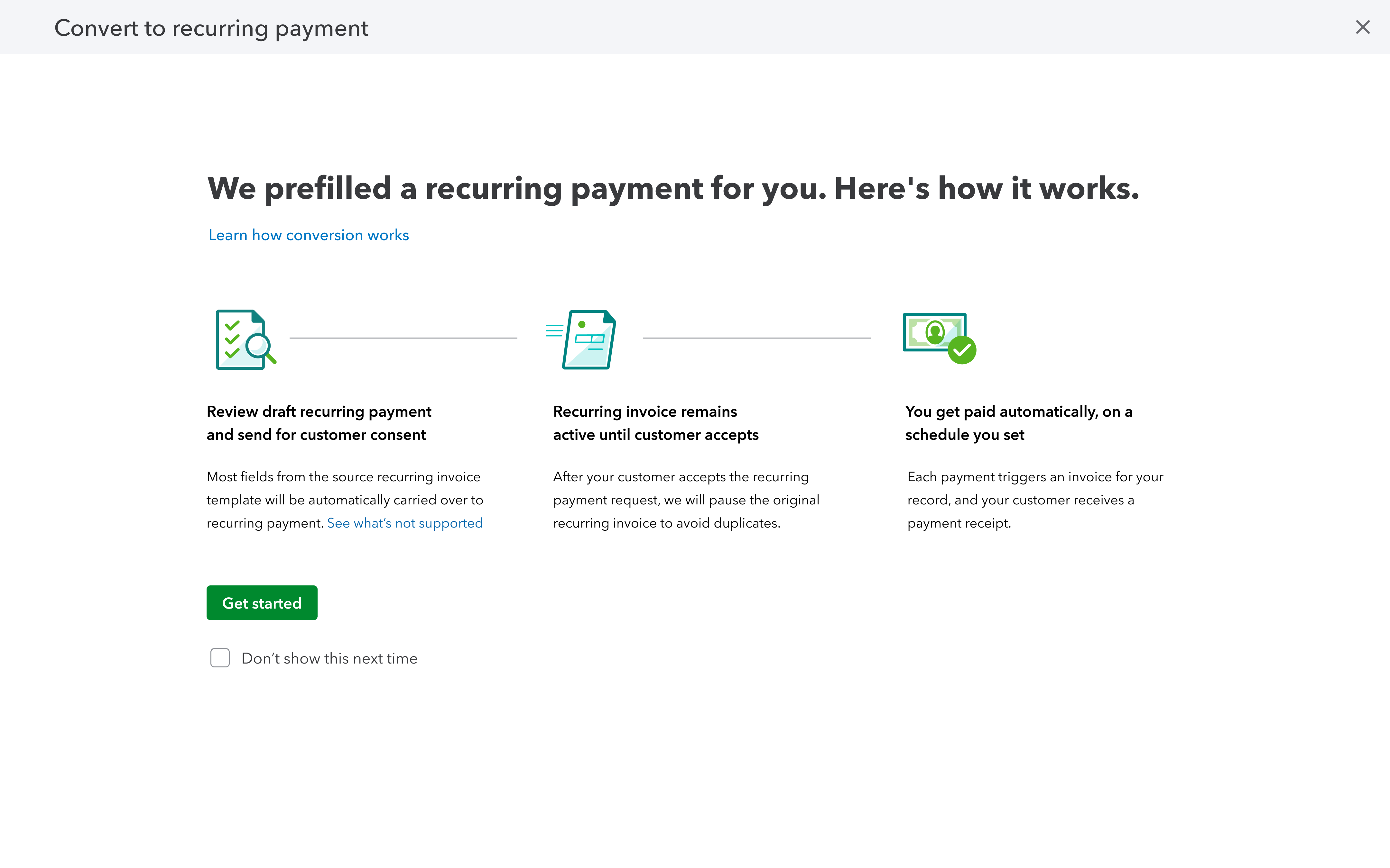A screenshot of recurring payment in QuickBooks Online