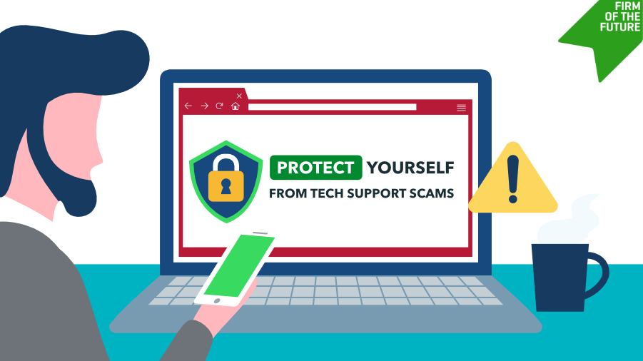 Person viewing a laptop warning to “Protect Yourself from Tech Support Scams,” with a caution icon and “Firm of the Future” banner in top right.