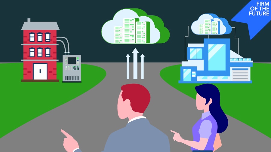 Illustration showing two professionals standing at a crossroads, choosing between a traditional on-premises server in a red brick building and a modern cloud-based data center in a blue office building, symbolizing the decision between on-premises and cloud ERP systems.