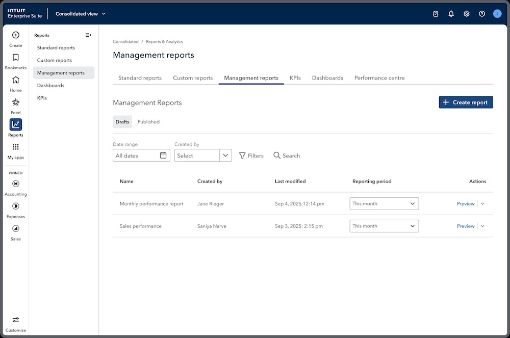 Consolidated view multi-entity financial management