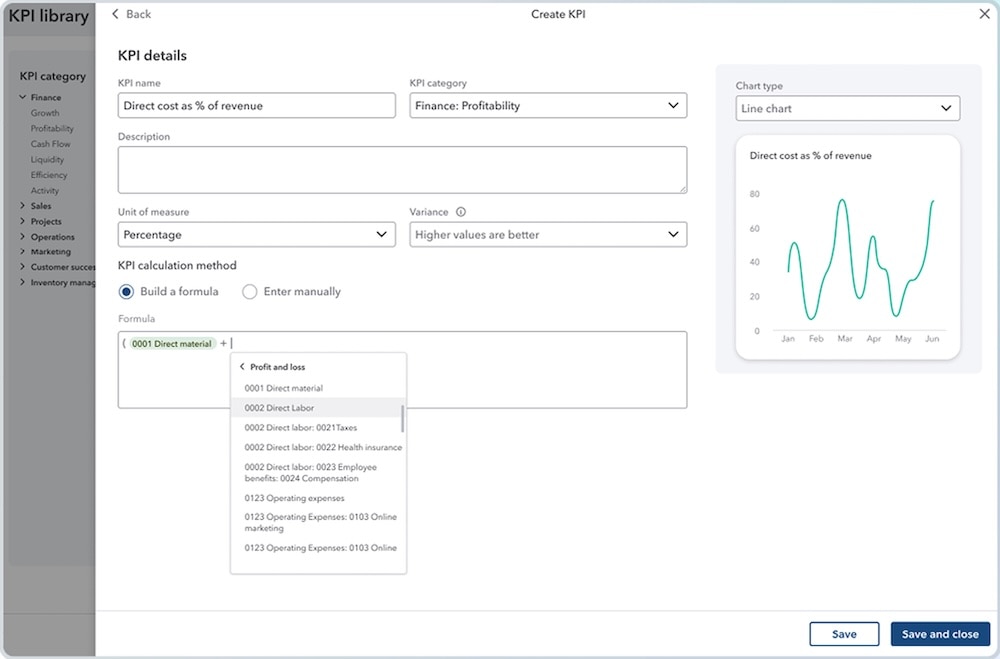 Business dashboard creating direct cost KPI.