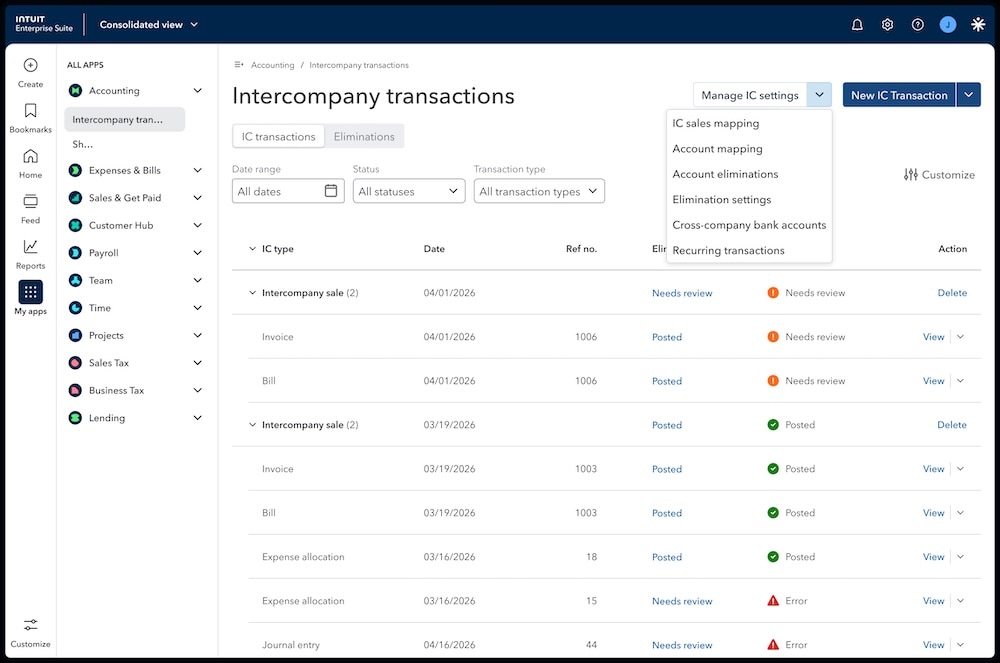 Intercompany transactions dashboard in enterprise software.