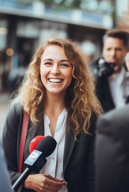 A person in a red jacket is talking into a mic.