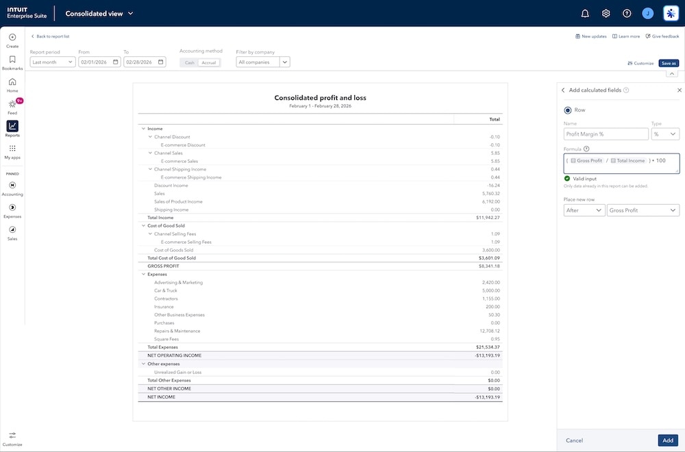 Financial software consolidated profit and loss report.