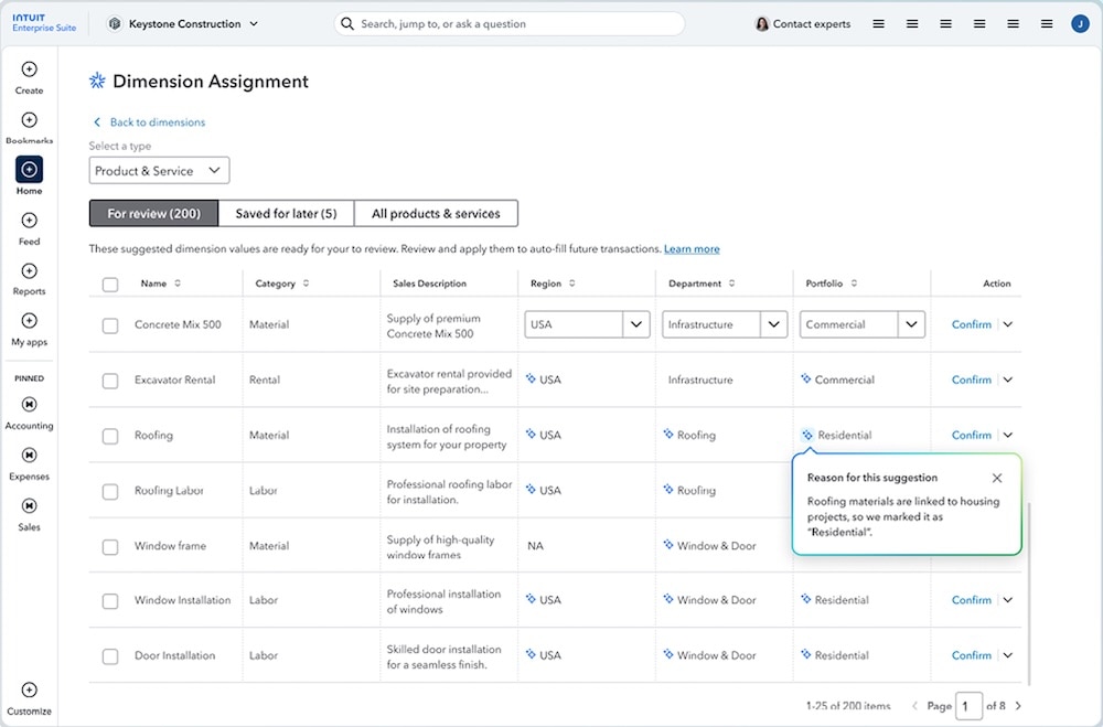 Business software interface for dimension assignment.