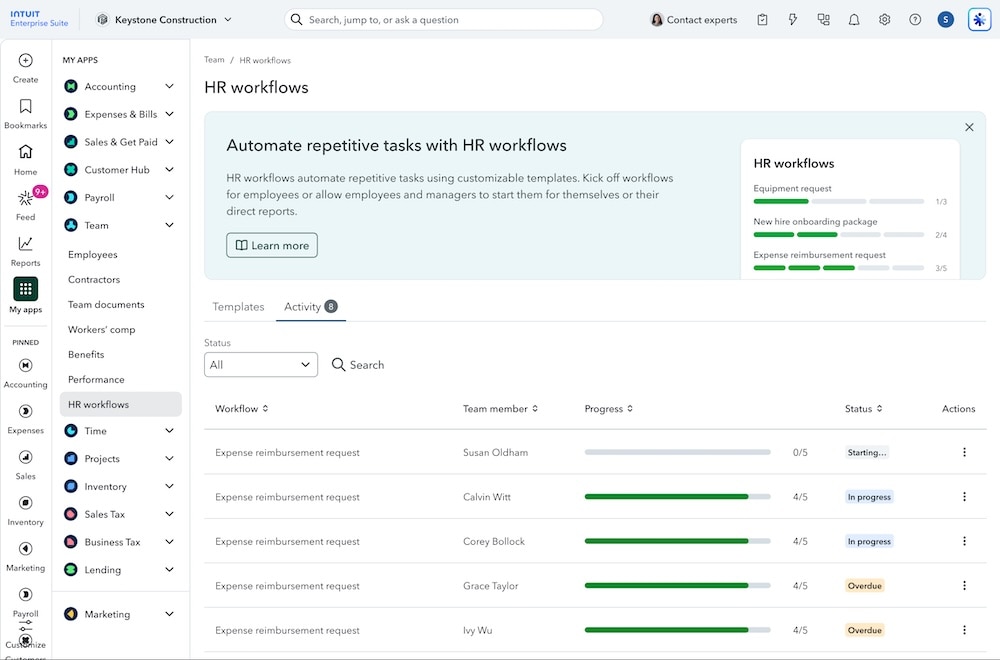 HR workflows dashboard for expense requests.