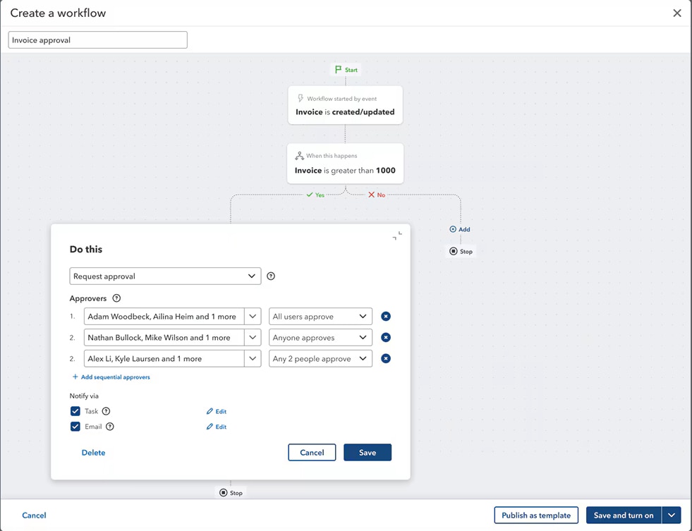 Invoice approval workflow configuration screen interface.