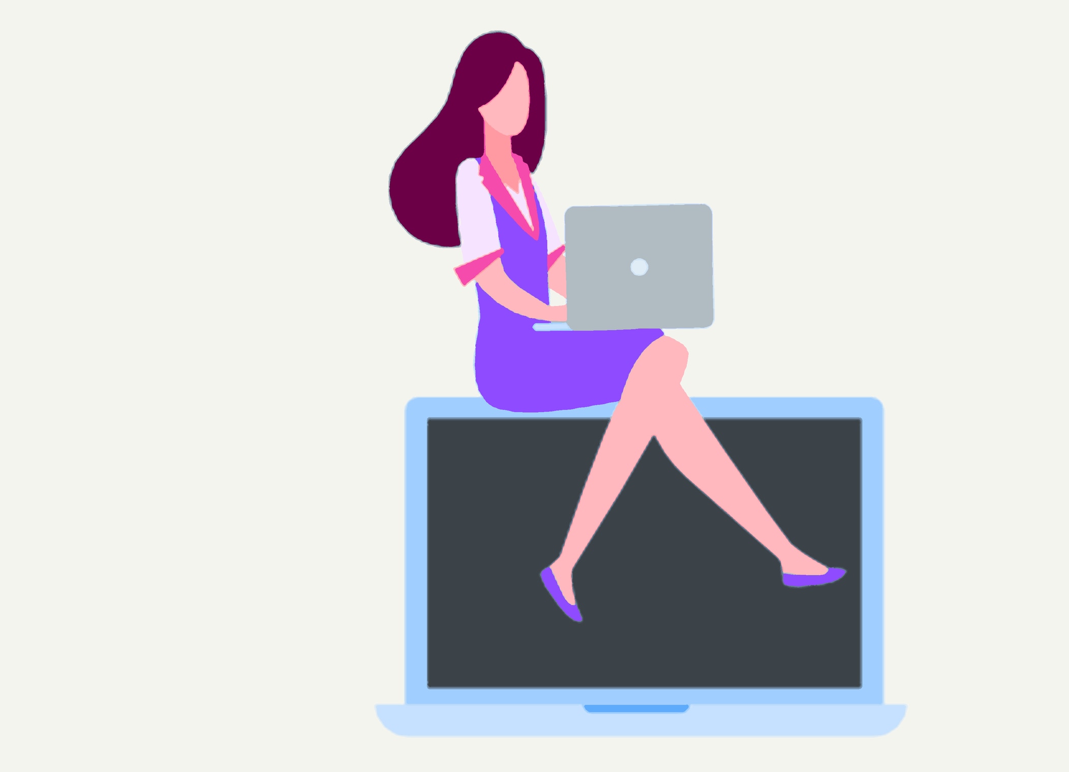 Businesswoman working on a laptop, sitting on top of a monitor.