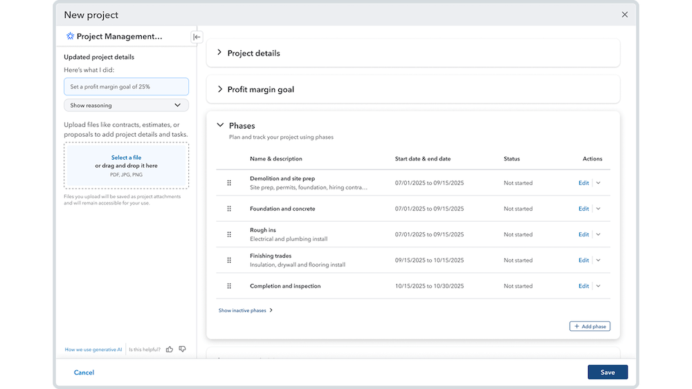New project management setup screen with phases.