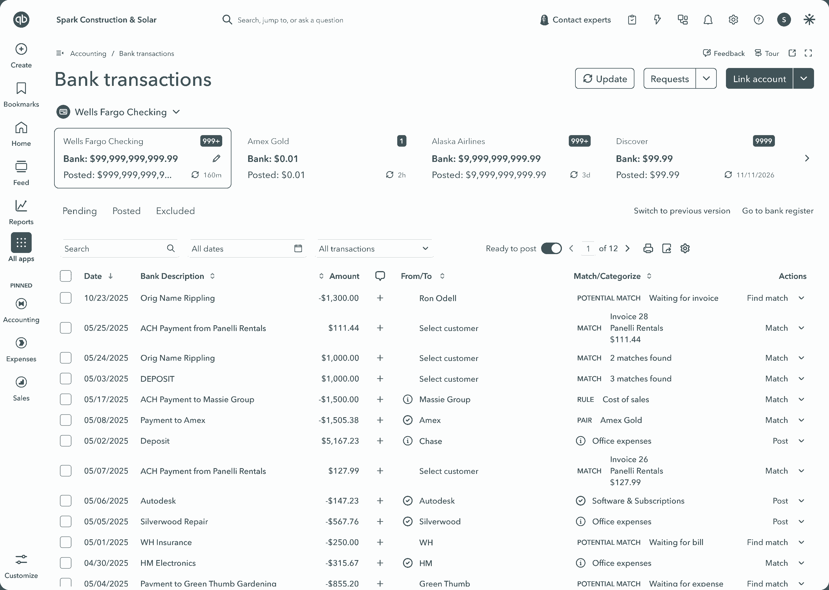 Online bank transactions dashboard interface screenshot