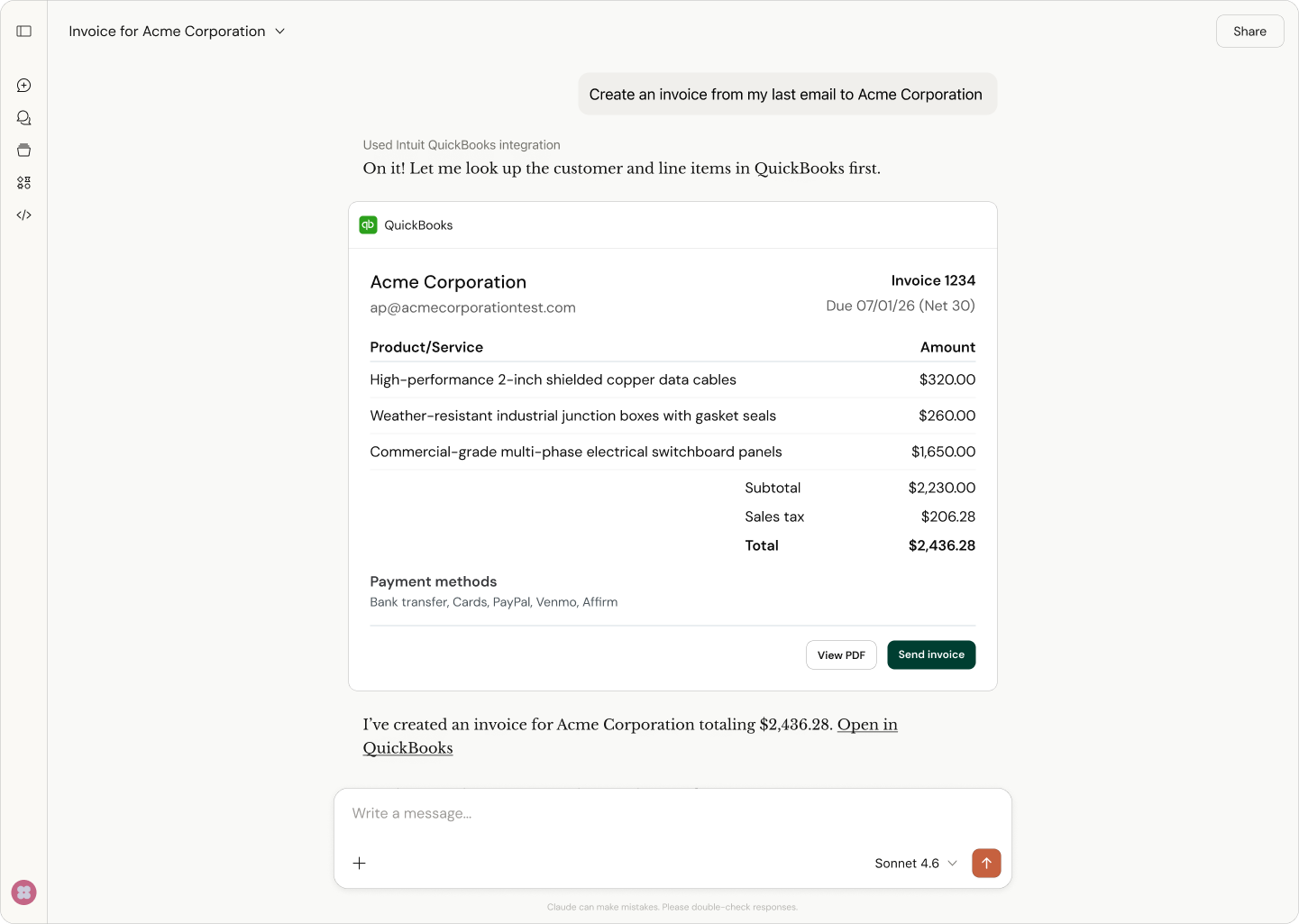 Invoice creation screen for Acme Corporation