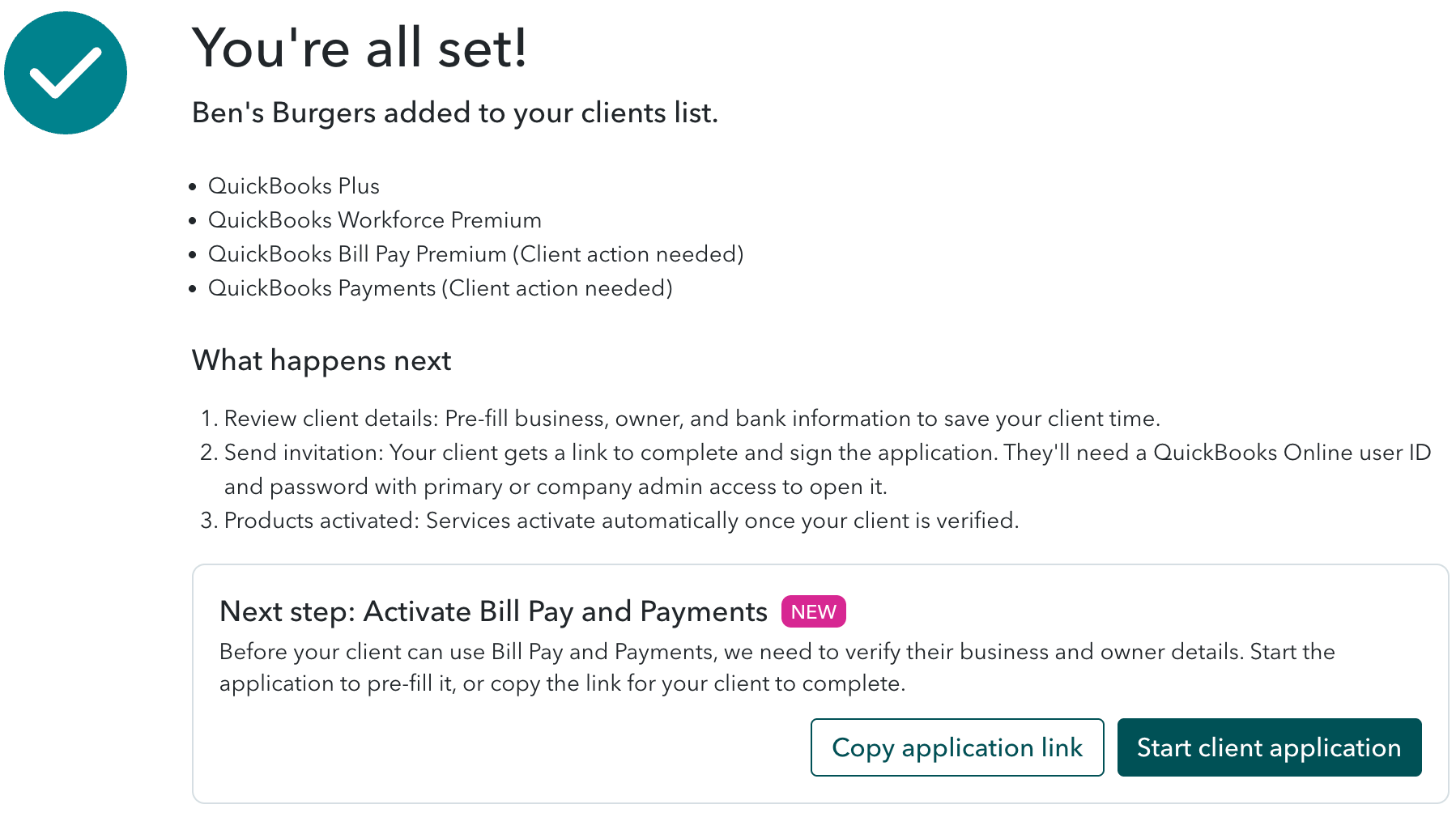 QuickBooks Delegated Onboarding client setup confirmation screen