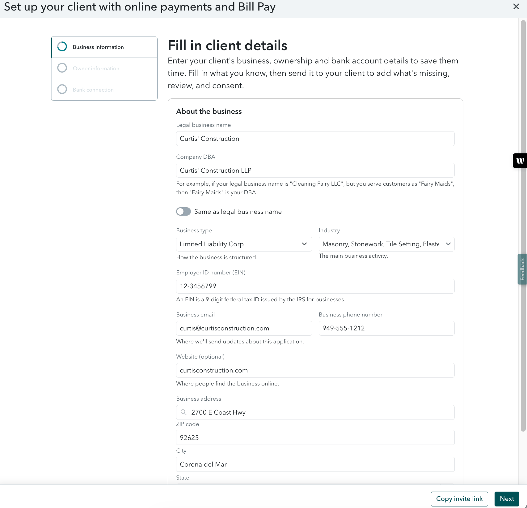 QuickBooks Delegated Onboarding Online client setup form for business payments