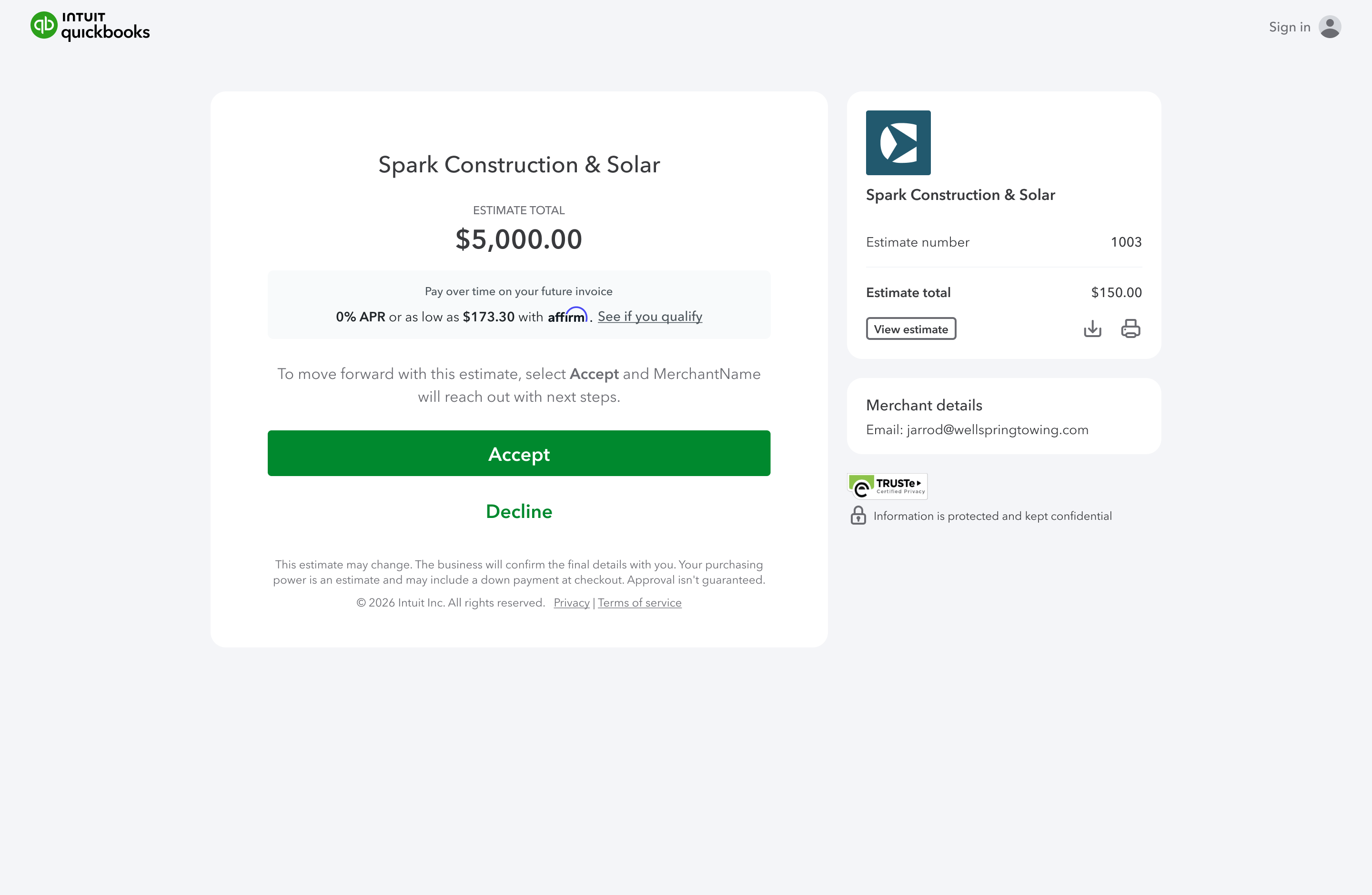 QuickBooks estimate example