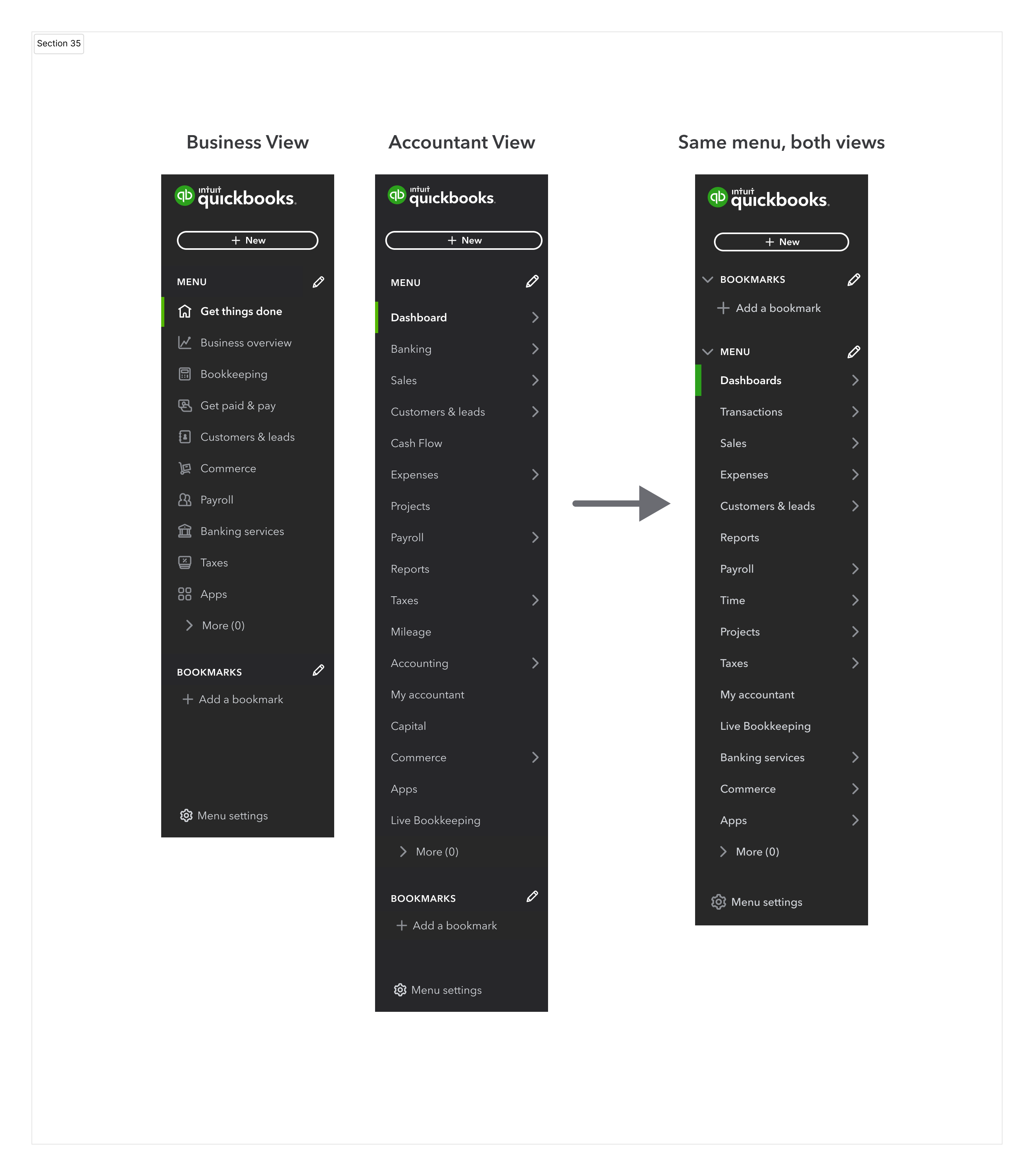 Consolidated navigation menu in QuickBooks Online