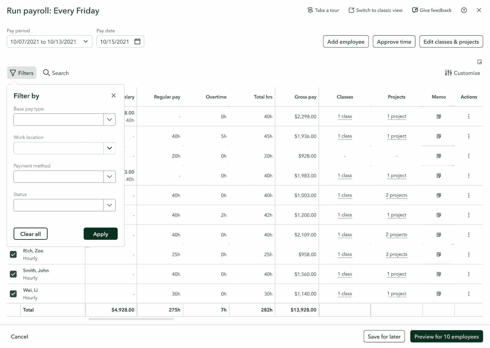 Payroll management dashboard with employee pay details