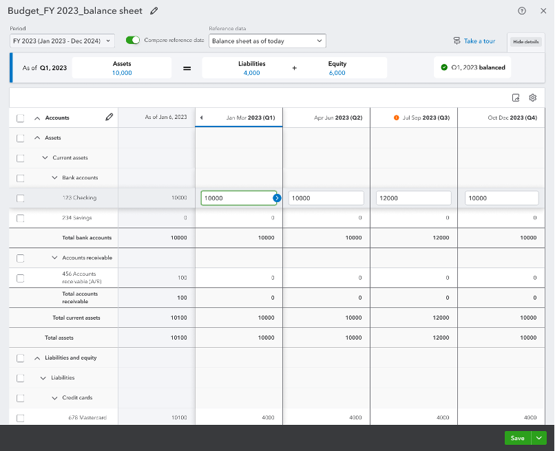 Balance sheet budgeting in QuickBooks