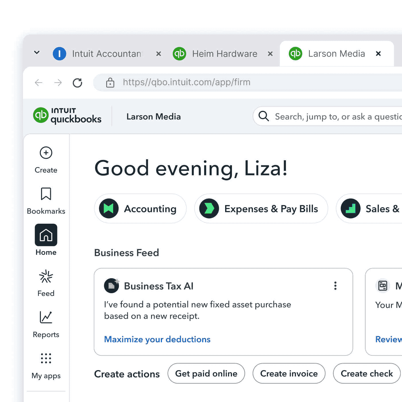 Intuit QuickBooks online accounting dashboard interface