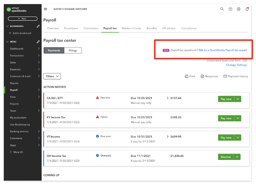 QuickBooks Payroll Tax help: Testing access to a QuickBooks Payroll Tax Expert to assist with payroll-related questions