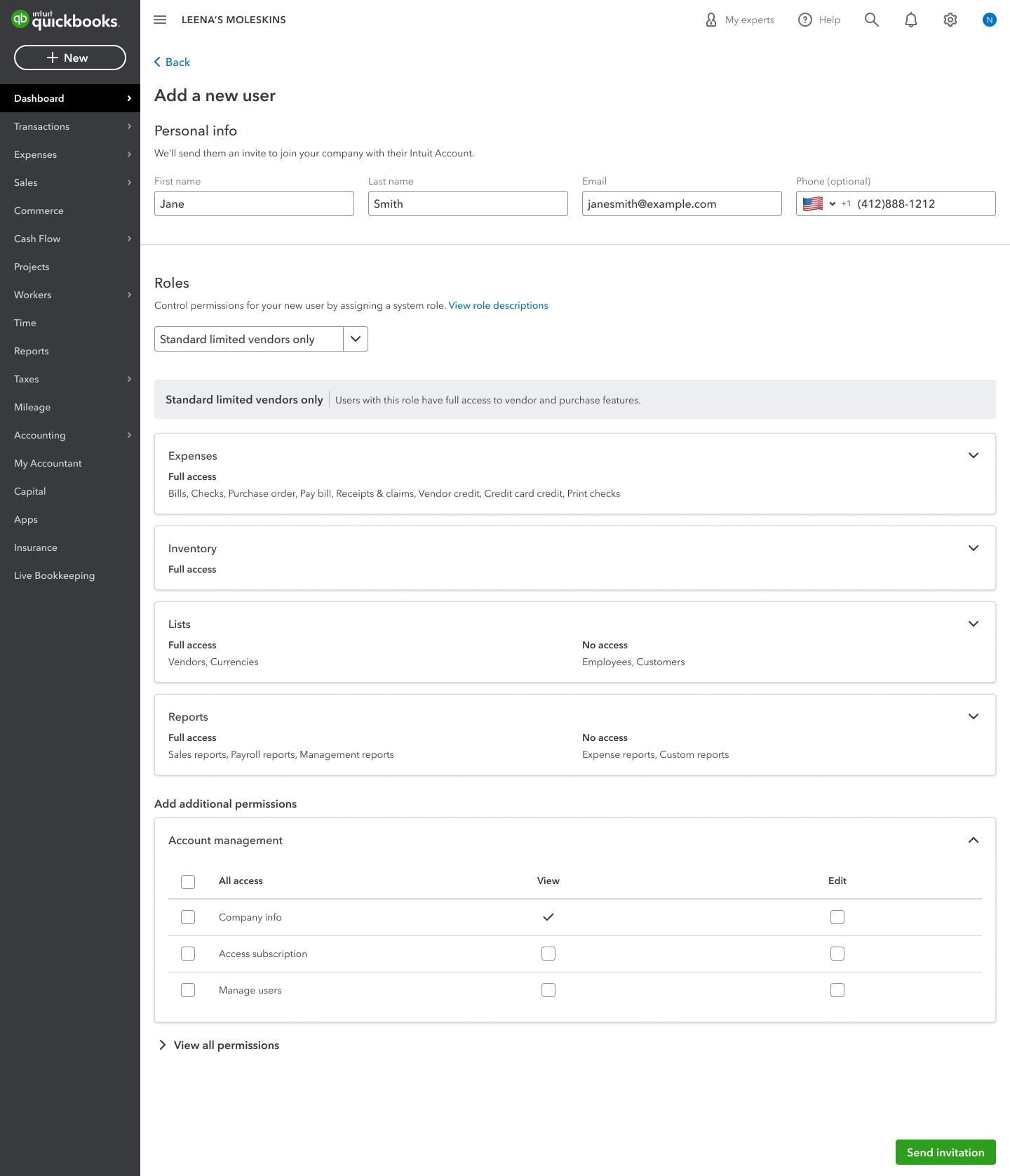 User management roles in QuickBooks Online