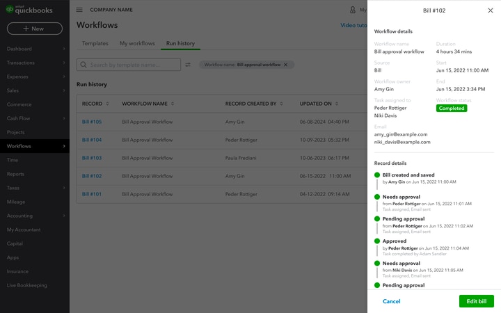 Workflows run history QuickBooks