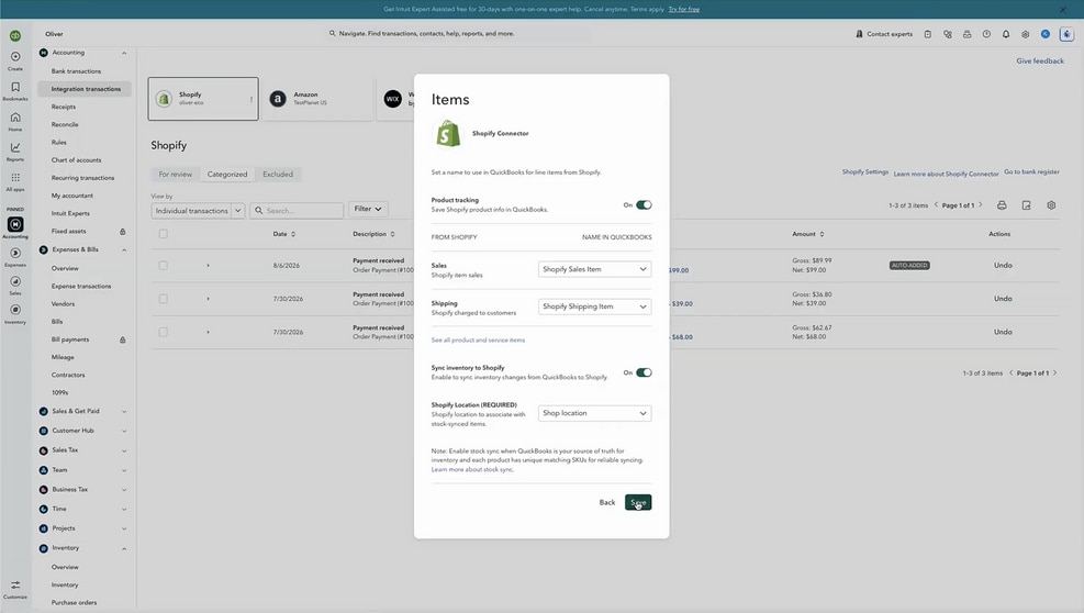 A screenshot of the Shopify Connector app in Quickbooks