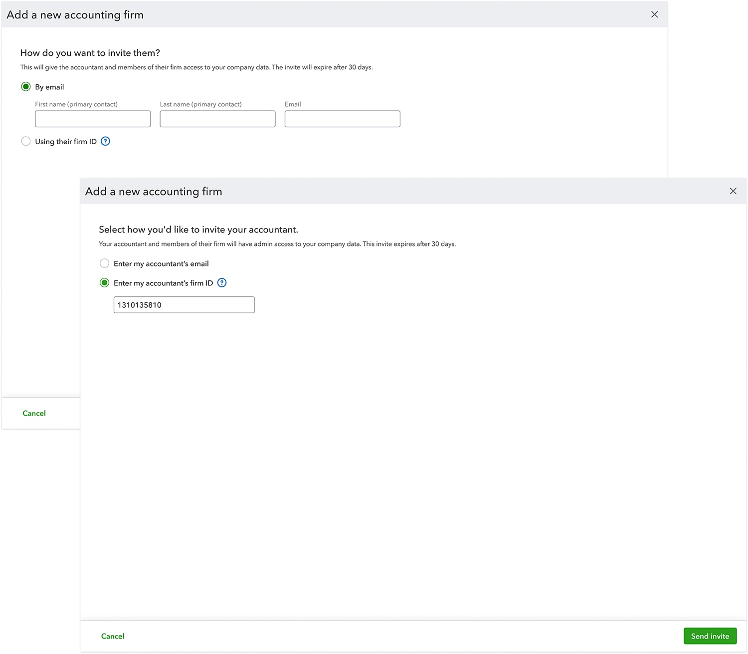 A screenshot of client invitations in QuickBooks Online Accountant