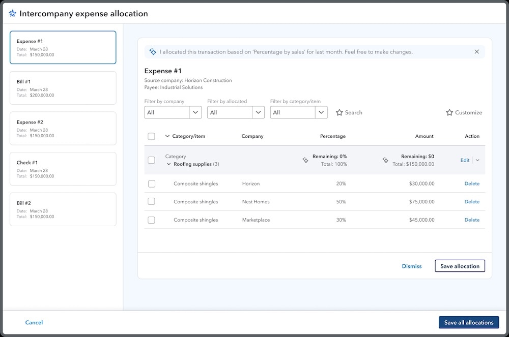 Example of an intercompany expense allocation within Intuit Enterprise Suite's multi-entity financial management.