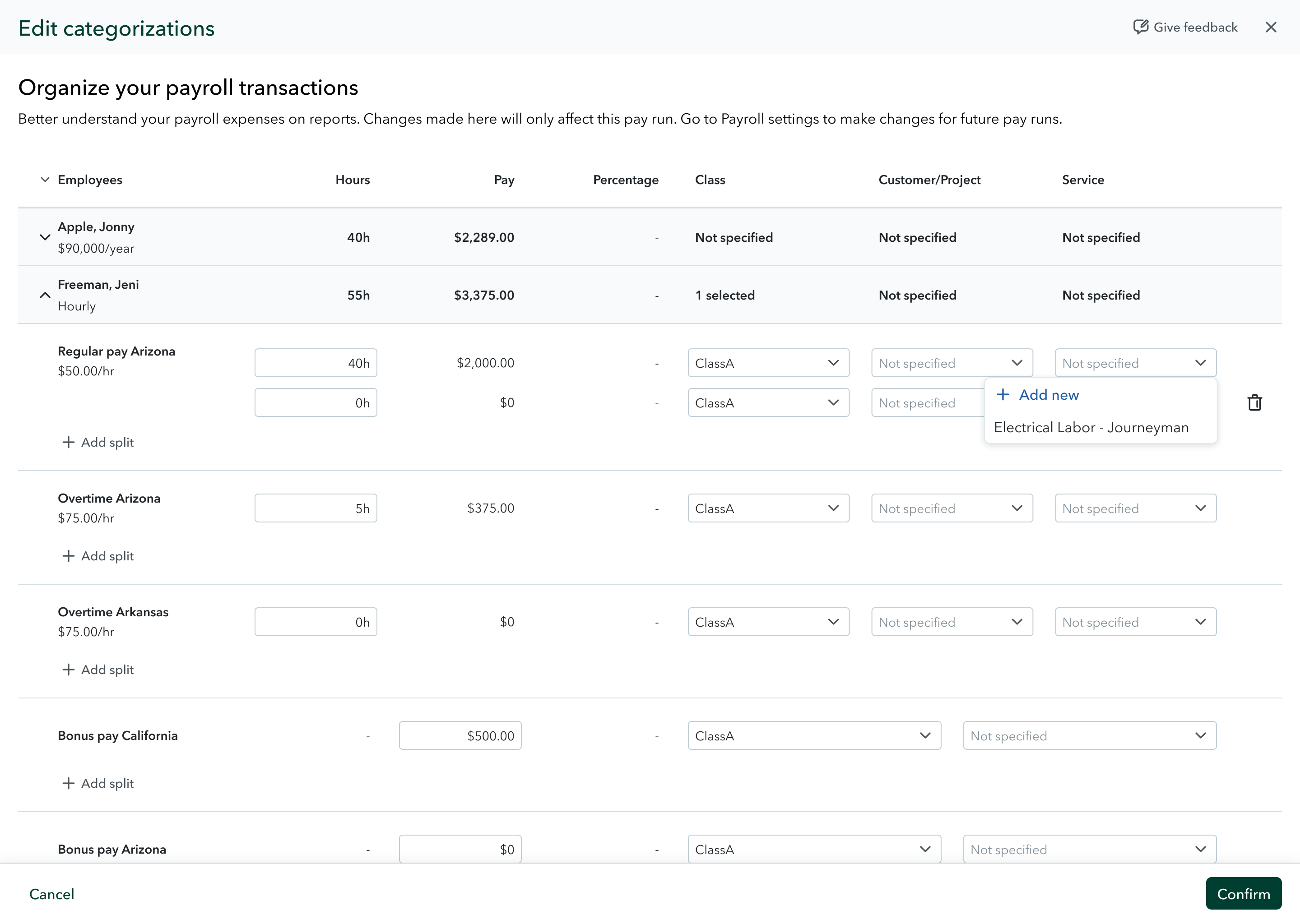 Payroll transaction categorization dashboard interface