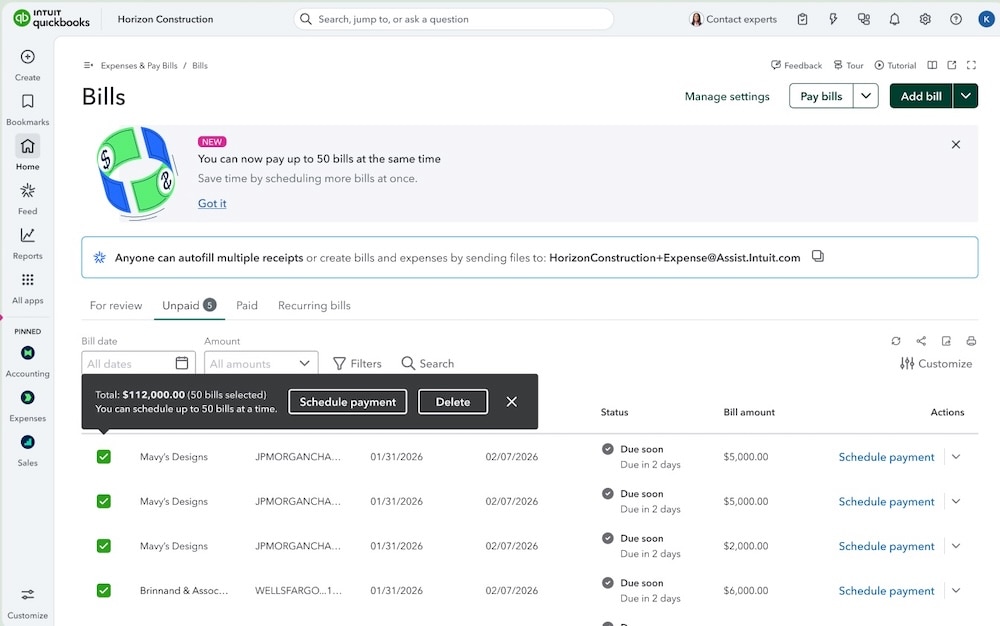 QuickBooks bills management dashboard with payment options