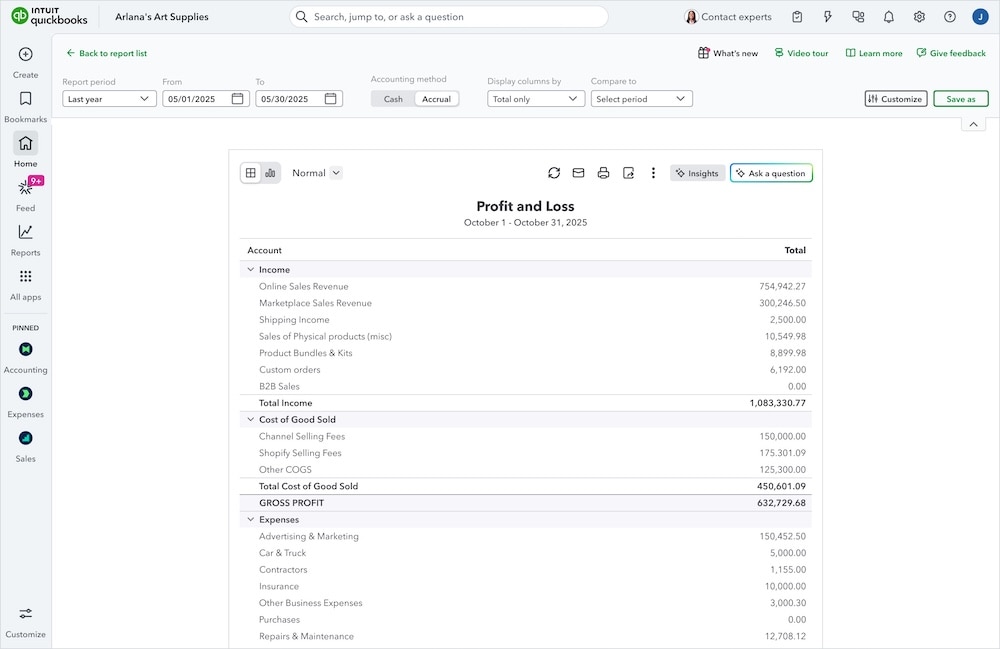 Profit and loss reports in QuickBooks.
