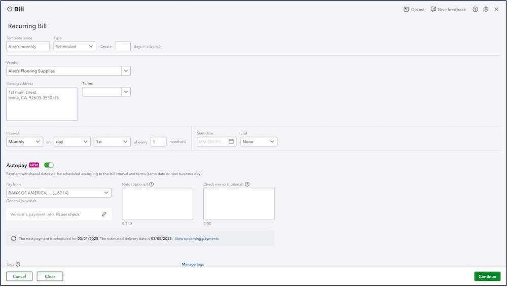 Recurring bill pay in QuickBooks.