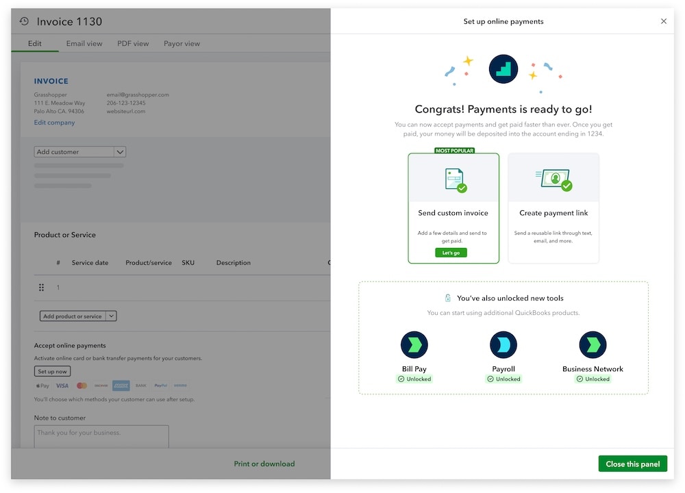 Streamlined setup for QuickBooks Bill Pay, Payments, Payroll.