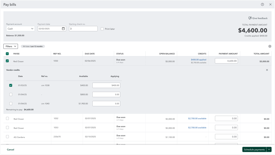 Pay bills dashboard with detailed invoice list