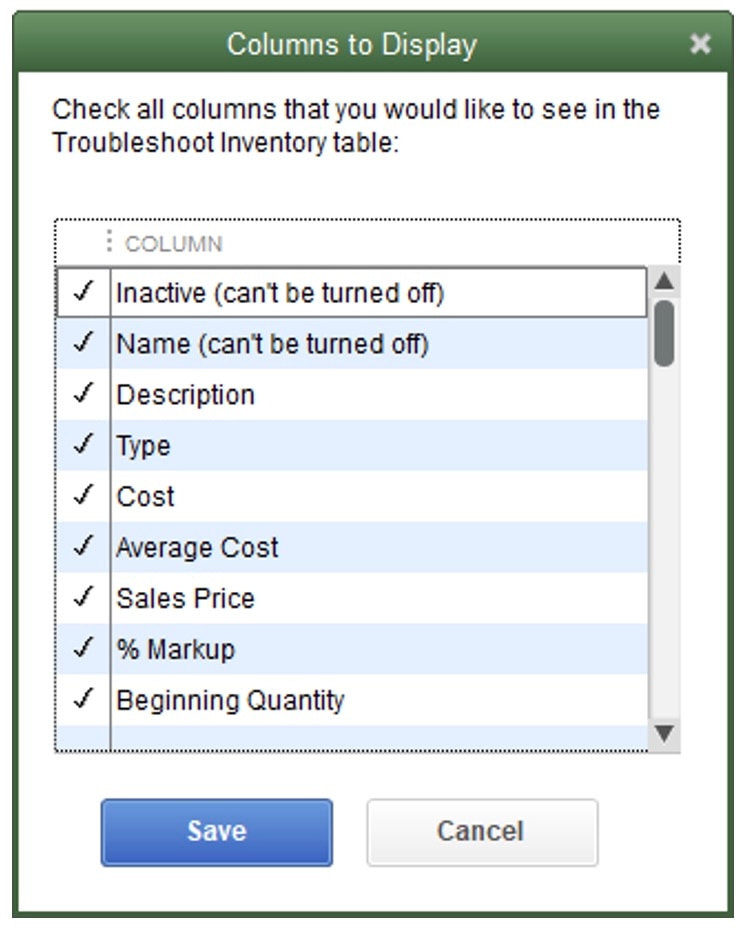Columns to Display options in the Troubleshoot Inventory table.