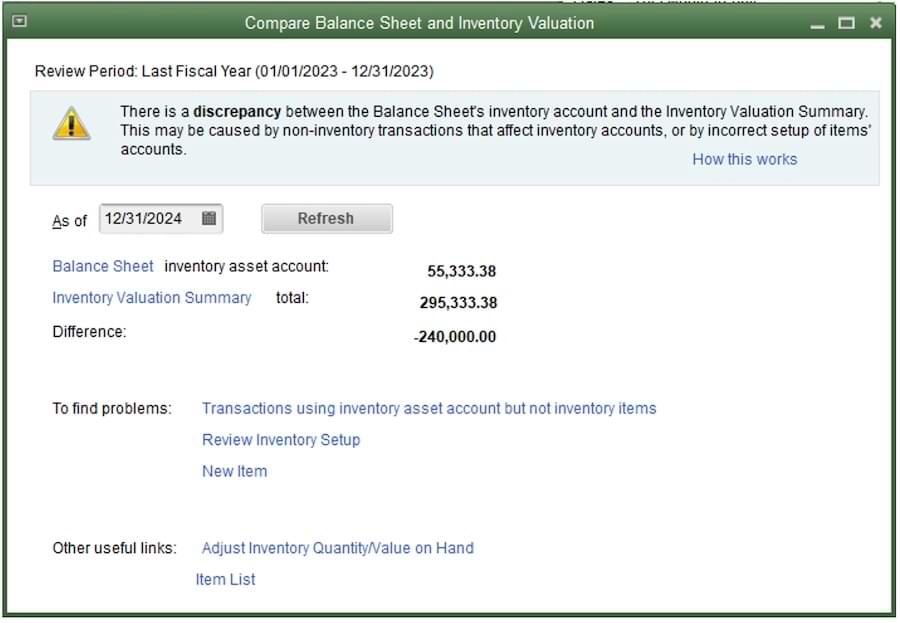 Example of a Compare Balance Sheet and Inventory Valuation within the Client Data Review tool.