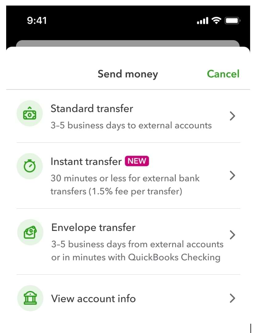 An option to send QuickBooks Checking funds quickly to pay bills, payroll, or other expenses. 