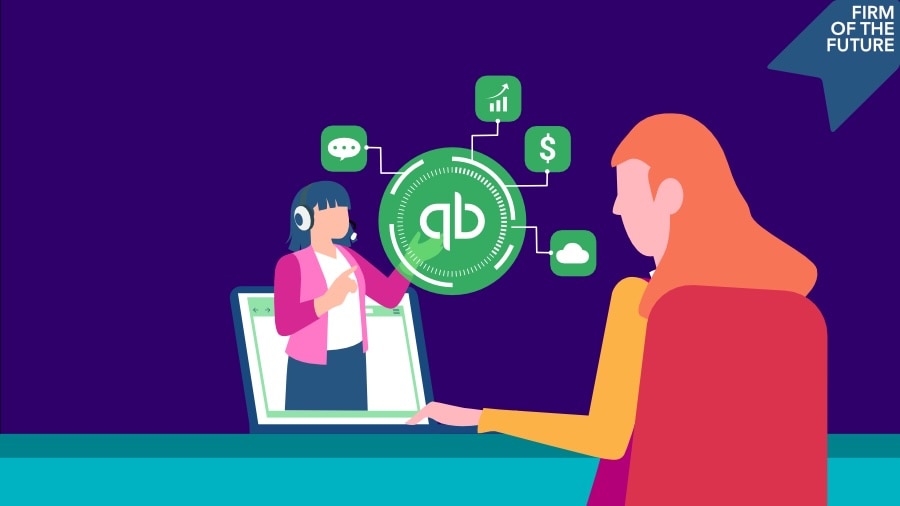 Person engages with QuickBooks help via laptop, connected to icons for chat, cloud, money, and analytics.