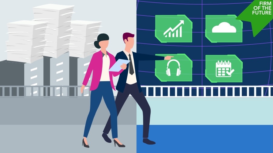 Two professionals walk past paper stacks toward digital icons representing modern accounting tools like cloud, charts, and calendars. “Firm of the Future” banner in corner.