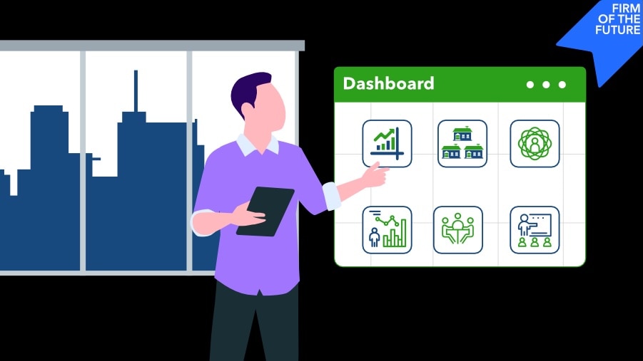 Illustration of a man with a tablet standing in front of a large digital dashboard screen, showing various business icons and metrics, with a city skyline in the background.