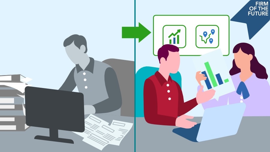 Split illustration showing the shift from traditional paperwork-heavy office work to modern digital advisory collaboration using graphs and laptops.